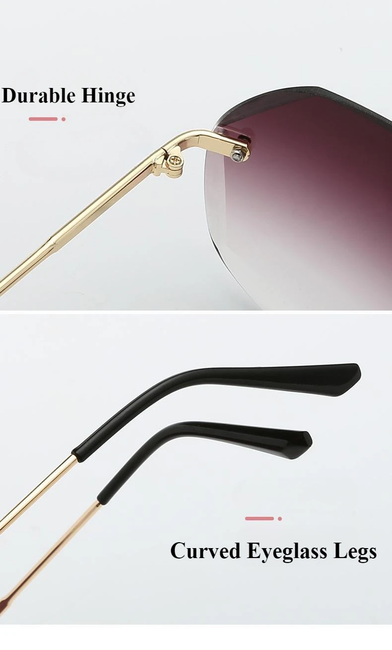 Rahmenlose Damen-Sonnenbrille mit Schnittkante, fortschrittliches Gefühl, Metall, robustes Scharnier, trendige Sommer-Sonnenbrille – Detail 3