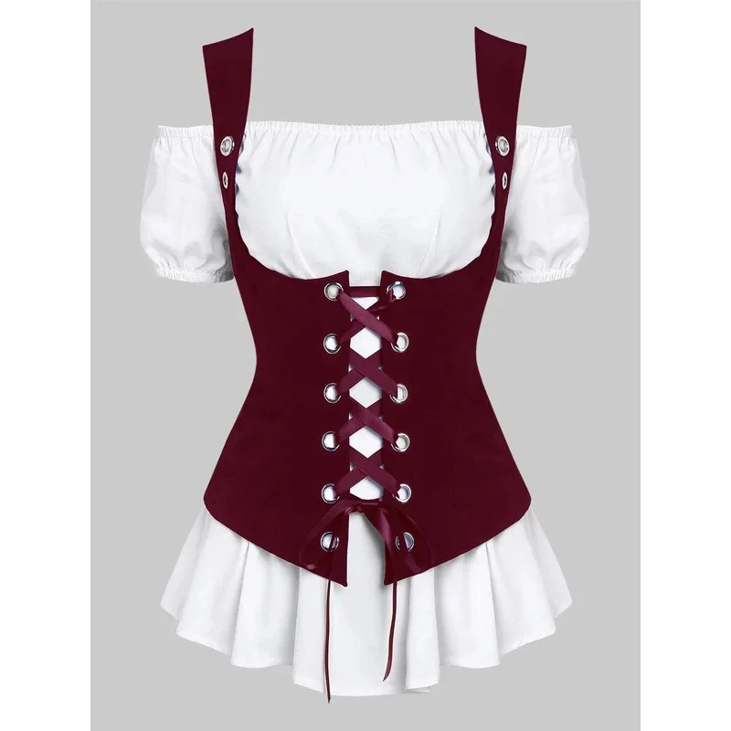 Medieval Steampunk women's 2-piece T-shirt bandage vest stage pirate Cosplay dress large uniform