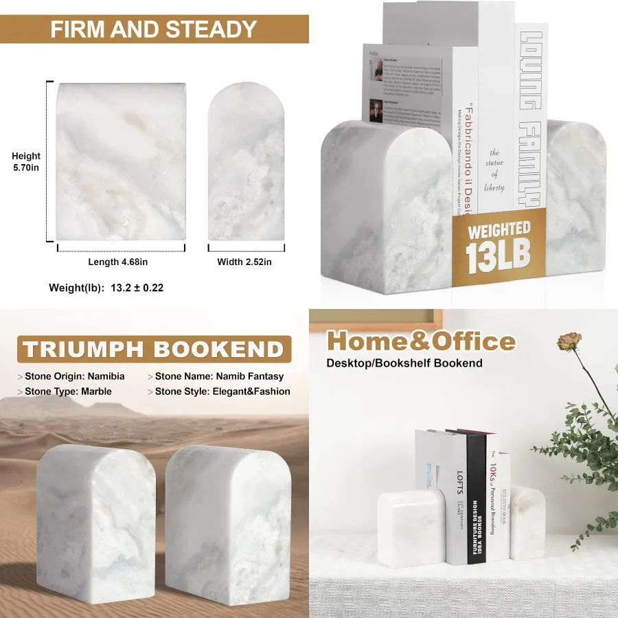 

African Natural Marble Bookends for Shelves Non-Slip Book Ends 13LBS Ultra Heavy Duty Marble Book Holder Organizer Apartment De
