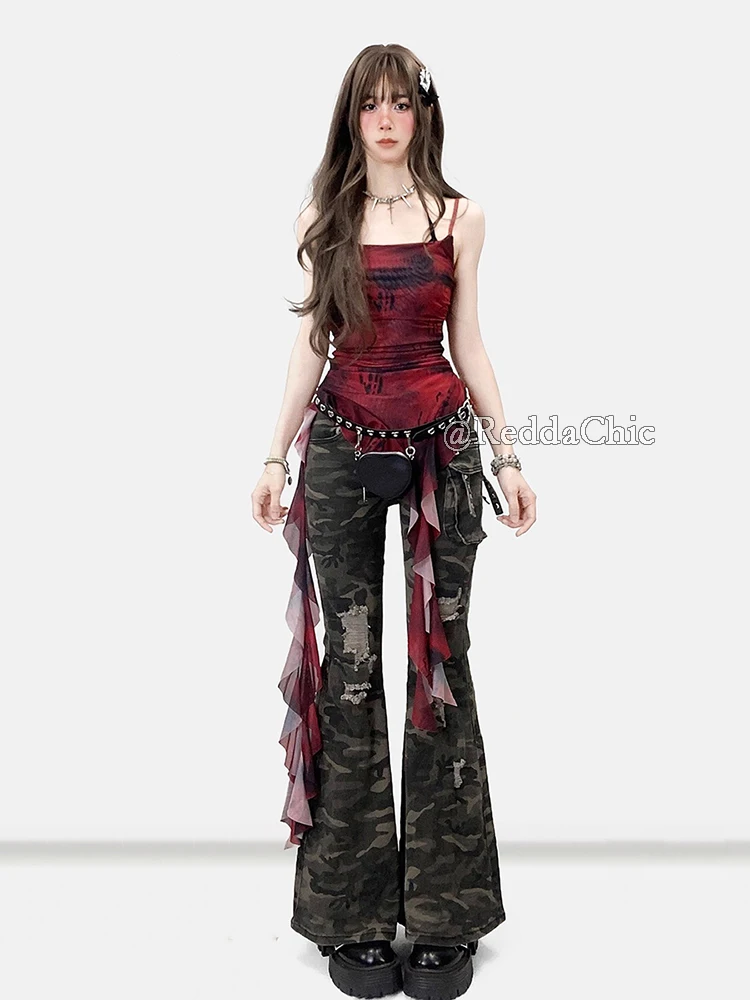 REDDACHiC Dark Punk Ruffle Fringe Top Women Gothic Red Tie Dye Mesh Camisole Sleeveless Vest Night Out Concert Festival Outfit