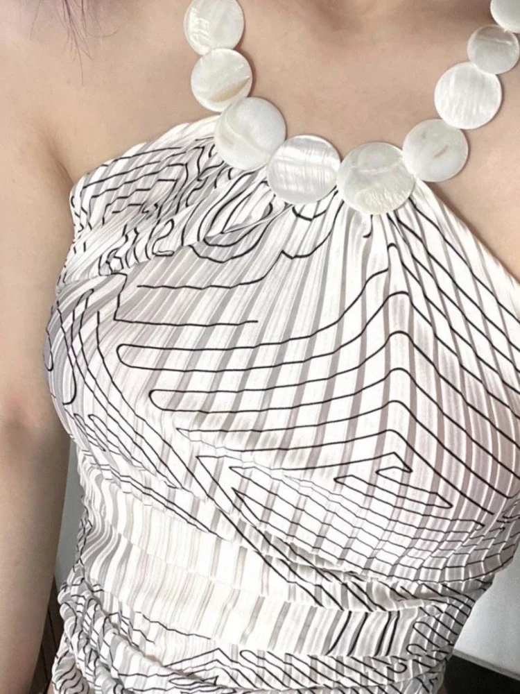 Y2k Ästhetische String Perlen Halter Sexy frauen Sommer Fee Druck Unregelmäßige Leibchen Streetwear Vintage Plissee Top