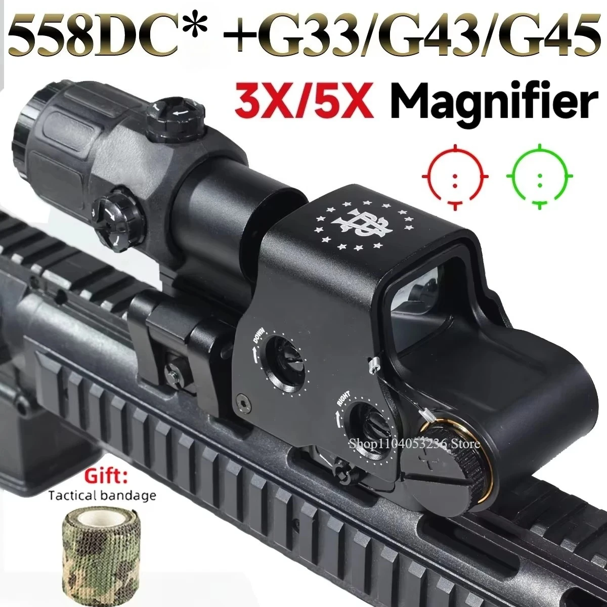 

E*T*CH 558 DC* Green Red Dot Holographic Sight W/ G33/G43/G45 3X 5X Magnifier Airsoft Hunting Fit 20mm Rail Mounts & QD Lever