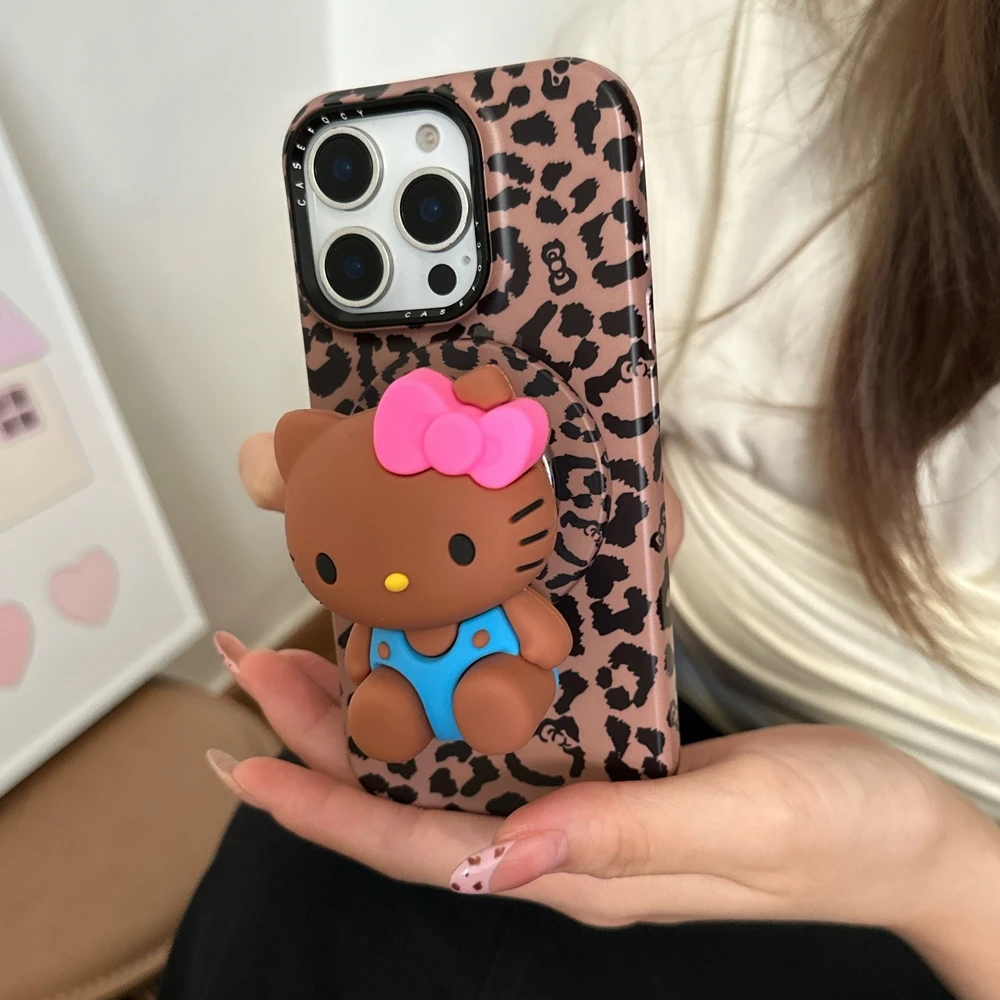 Cute Sanrio Hello Kitty Leopard Print Magnetic Holder Magsafe Wireless Charge Phone Case For iPhone 17 16 15 14 13 Pro Max Cover view 4