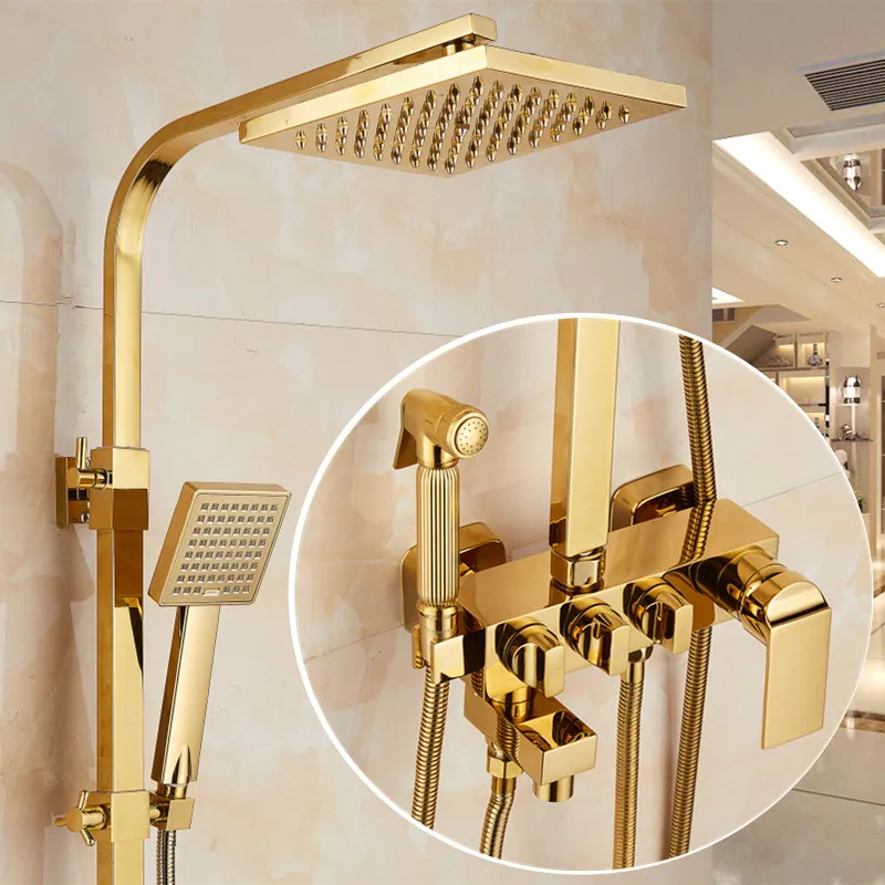 

European style all copper shower, adjustable temperature shower, golden square style bathroom, hot and cold showe