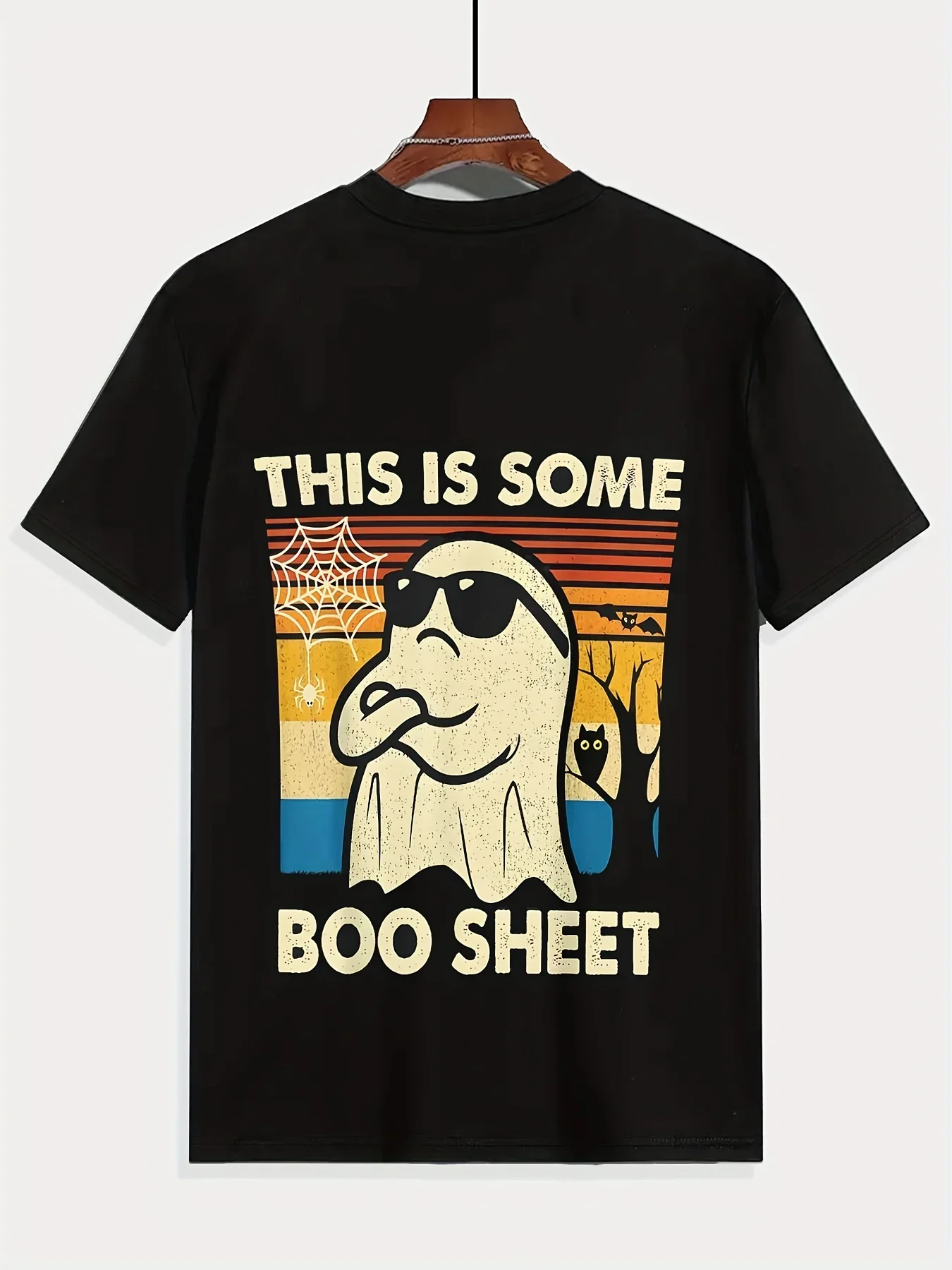 

Unique Cartoon Ghost Print 100 Polyester Crew Neck T Shirt Short Sleeve Regular Fit 140gsm Black Men's Summer