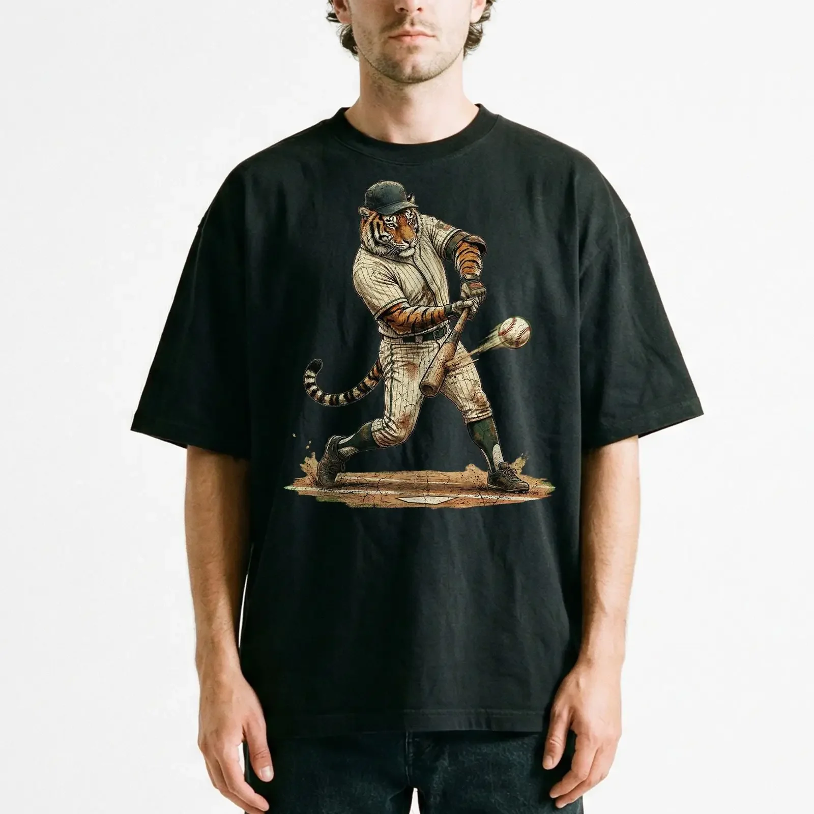 Tiger Baseball Player Swinging Bat Vintage Retro Sports t shirt Athletic vintage Washed designer clothes Slightly Versatile