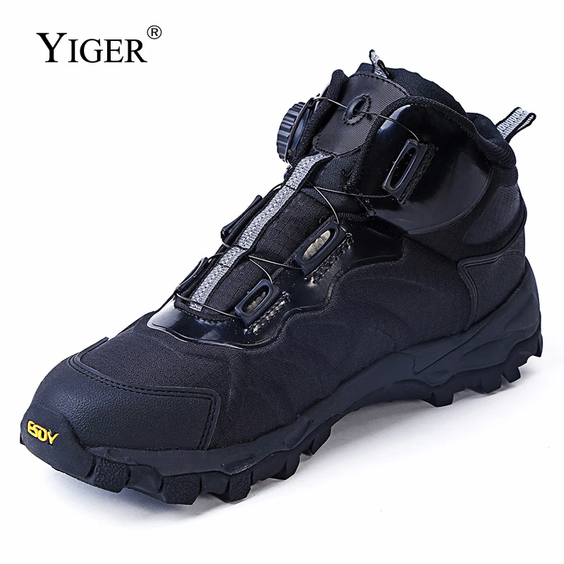 YIGER Men's Outdoor Boots Mountaineering Shoes Knob Auto Buckle Lace Up Tactical Boots Lightweight Quick Response Combat Boots