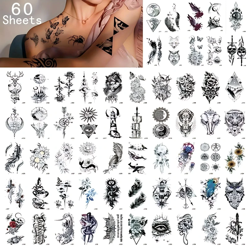 60pcs/lot Temporary Tattoos for Adult Women Men Evil  Black Eye Lion Whale Owl Sword Realistic Fake Tattoos Stickers Hands Wrist