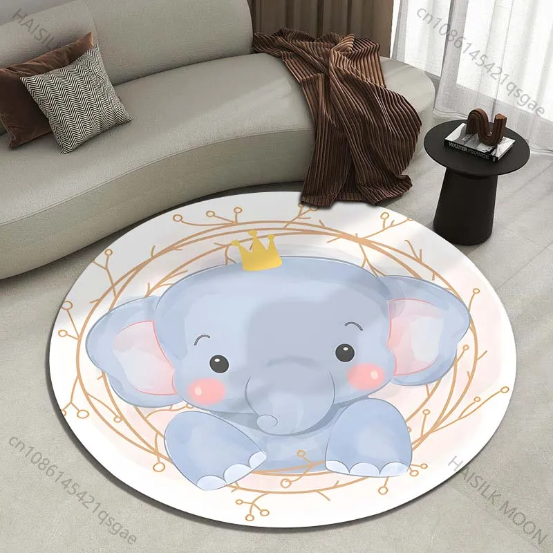 Cute elephant wearing a crown Printed round carpet living room sofa table carpet large pet mat soft round carpet home decor