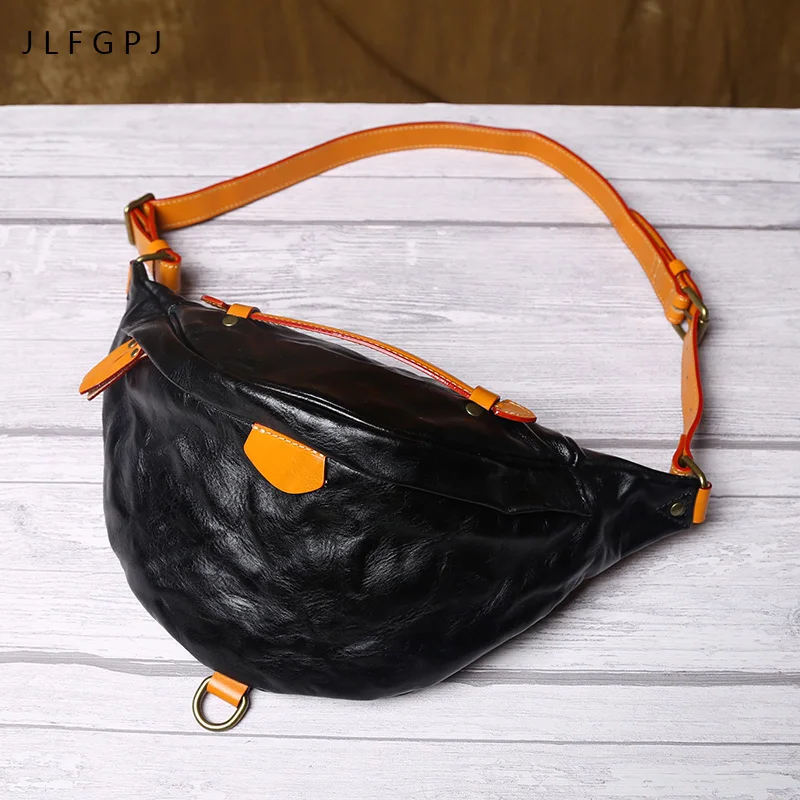 Original Vegetable Tanned Cow Leather Mobile Phone Waist Bag Men\'s Top Layer Cowhide Vintage Color Contrast Cross Body Chest