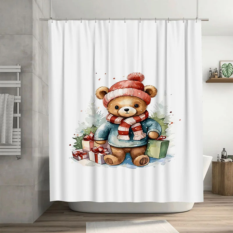 

Tuniu Adorable Bear Christmas Bathroom Shower Curtain Festive Holiday Decor Cute Woodland Animal Print Waterproof Fabric Decor f