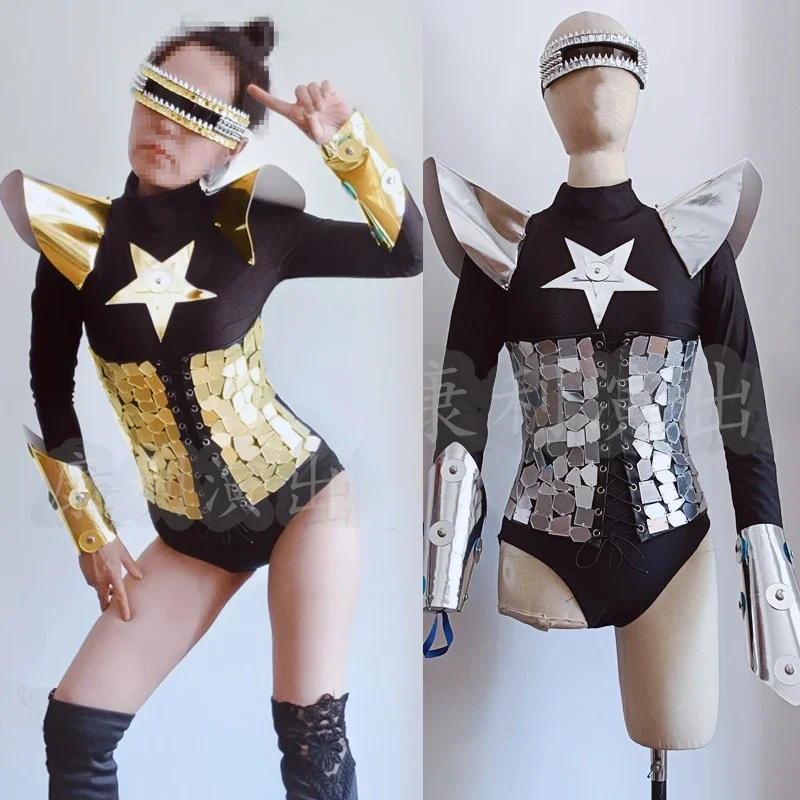 Vrouwen Groep Jazzdans Outfit Goud Zilver Spiegels Vliegende Schouder Body Bar DJ DS Gogo Suits Pole Dance Club Wear