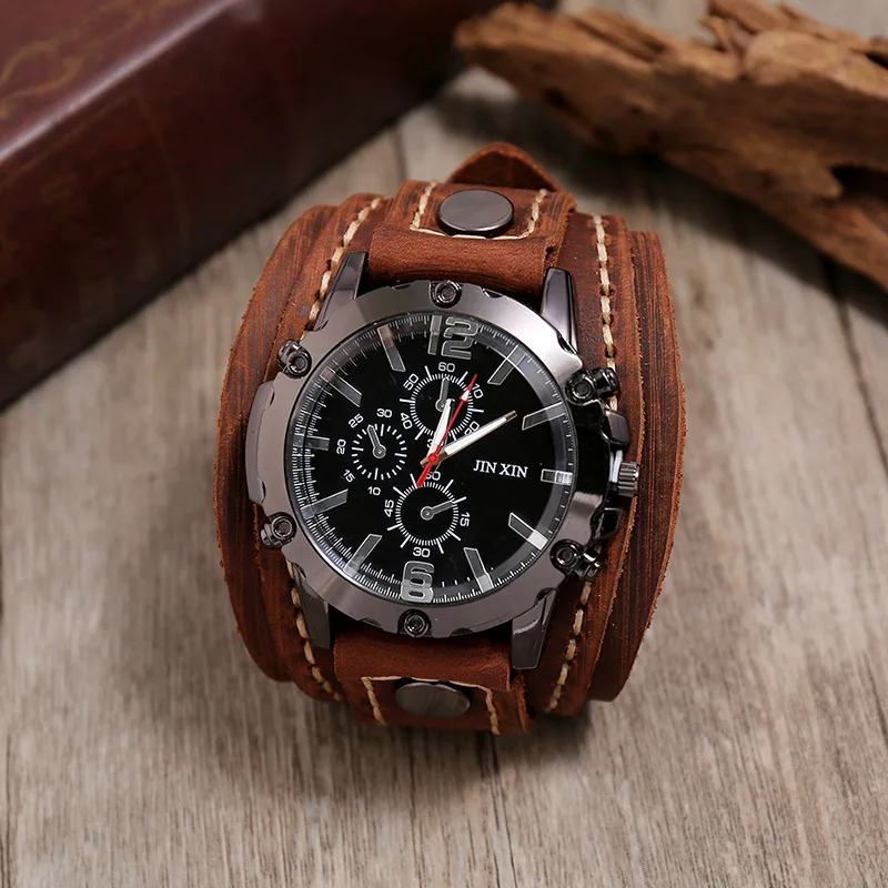 Vintage Men Quartz Watch Big Dial High Quality Cowhide Leather Strap Dress Wristwatch For Mens