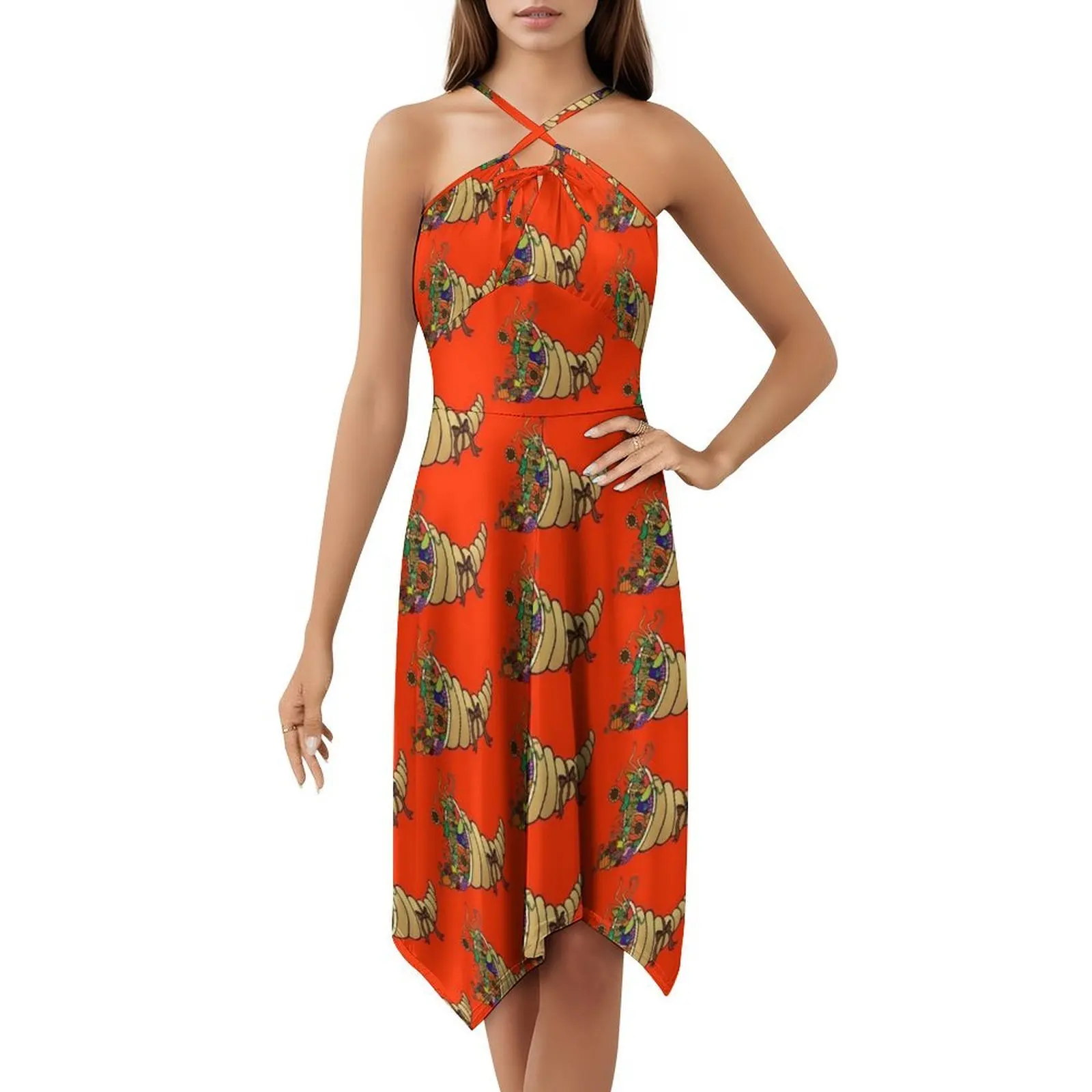 عيد الشكر الوفرة الحصاد هدية سلة البوهيمي بلا أكمام فستان متعدد الطباعة شاطئ عطلة فستان الحفلات الشكر #5