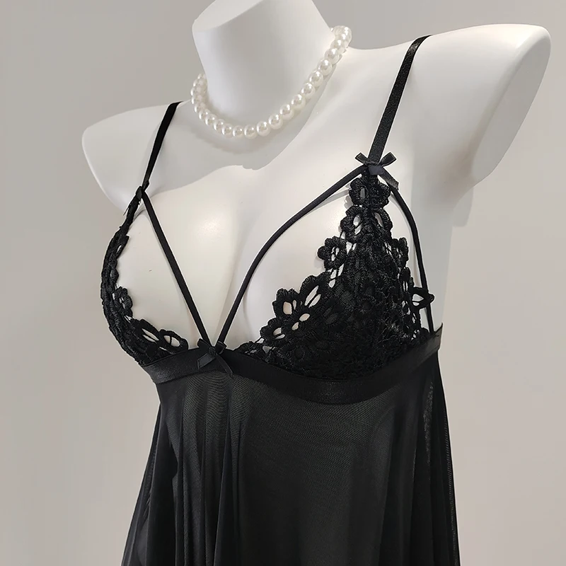 Sexy französisches Schlafkleid, Schlinge, hohl, Schmetterlingsknoten, Spitze, Nachtwäsche, Sommer, transparent, Versuchung, Babydoll, rückenfreies Nachthemd