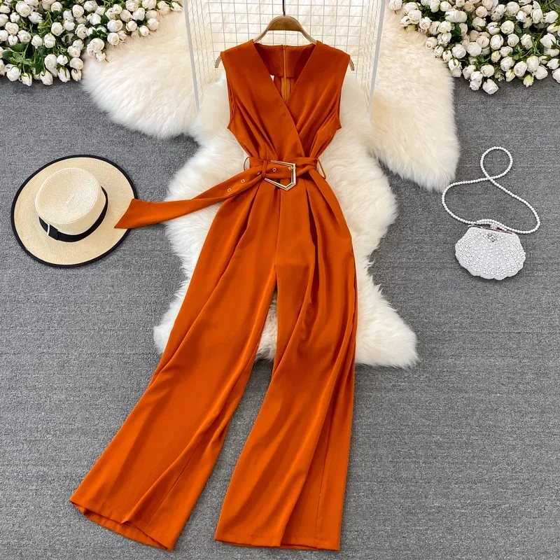 Summer Women V-neck Chiffon Jumpsuits With Belt Office Ladies Retro Rompers Straight Pants Overalls Playsuits Ladies Jumpsuit