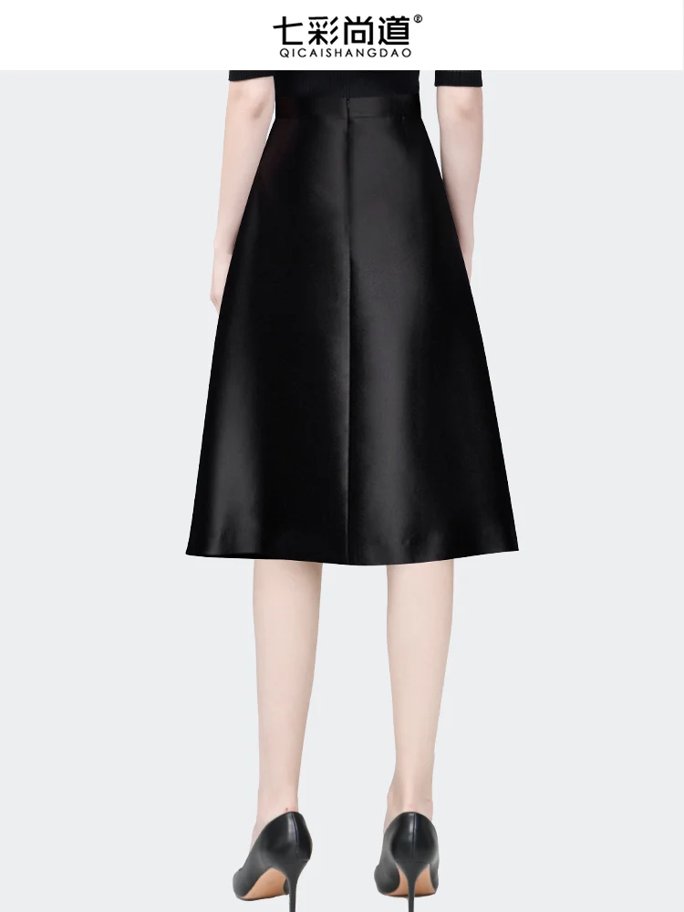 Vintage Black Embroidered Skirt Women Autumn New High Waist A-line Mid-length Soft Satin Skirts