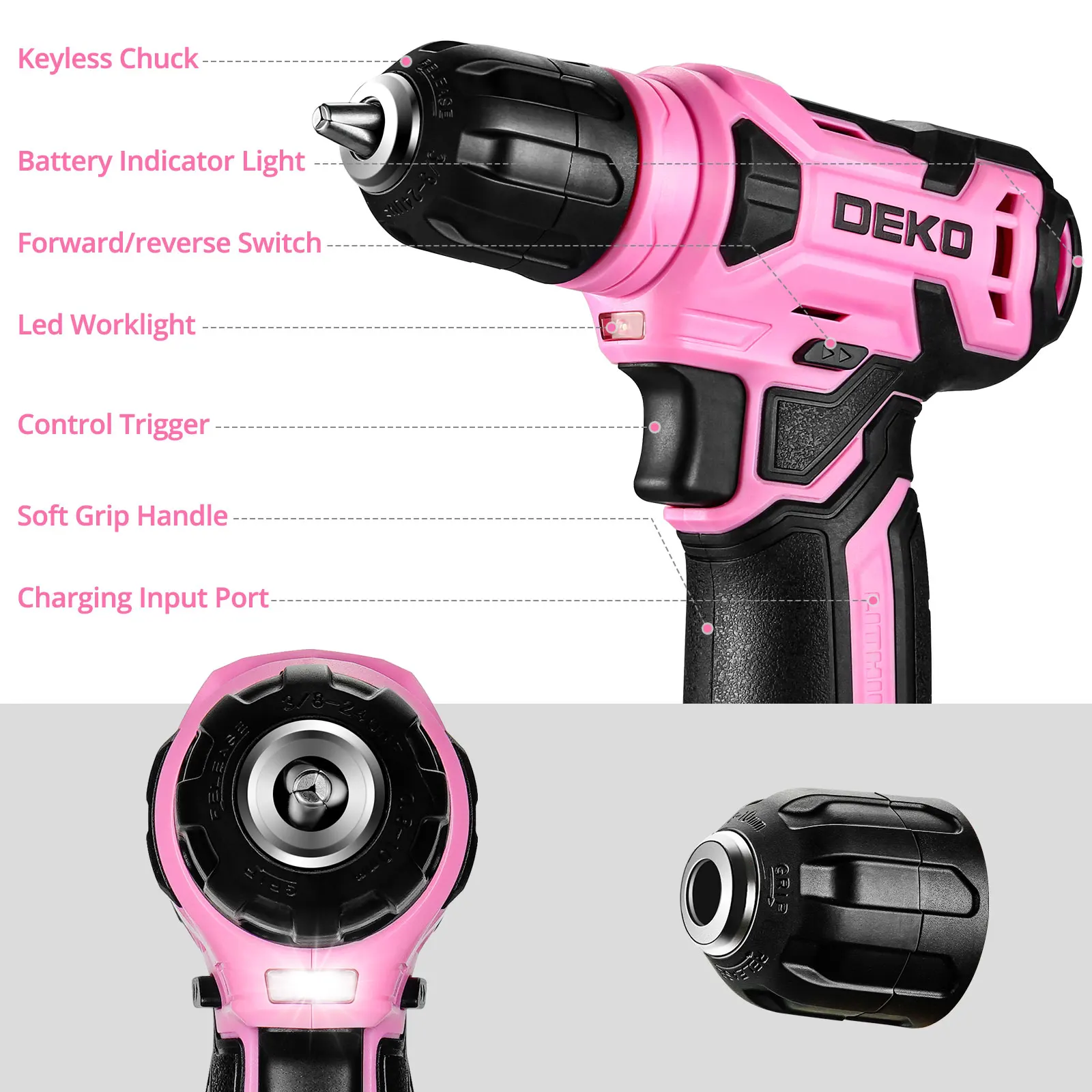 DEKO 8V Wireless Mini Power Driver Electric Screwdriver Set 3/8\