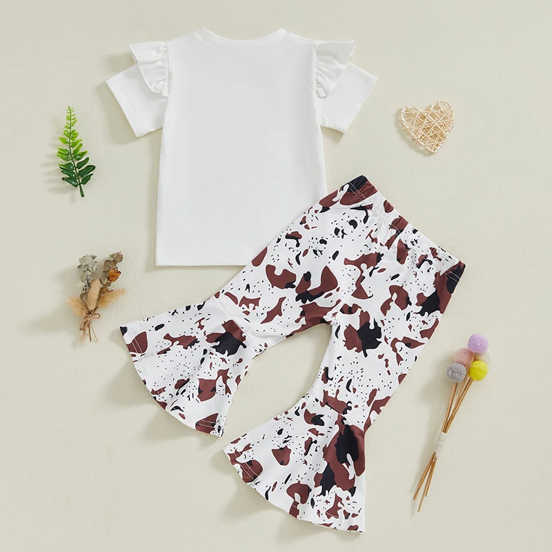 Adorable Toddler Girl Summer Outfit with Bow Print Top and Matching Flare Pants for a Stylish Look