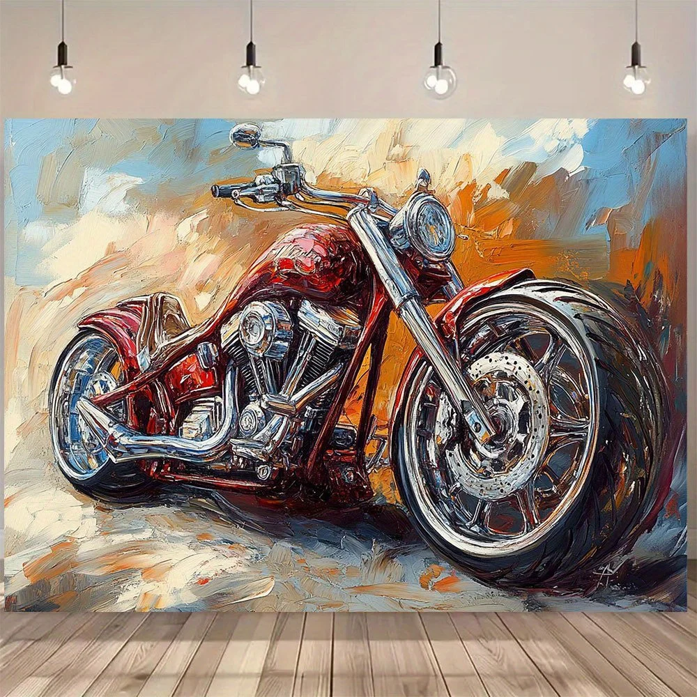 1pc Red Motorcycle Oil Painting Tapestry 2D Flat Wall Hanging Chrome Bike Art Decor for Garage Man Cave Bedroom Fabric Poster