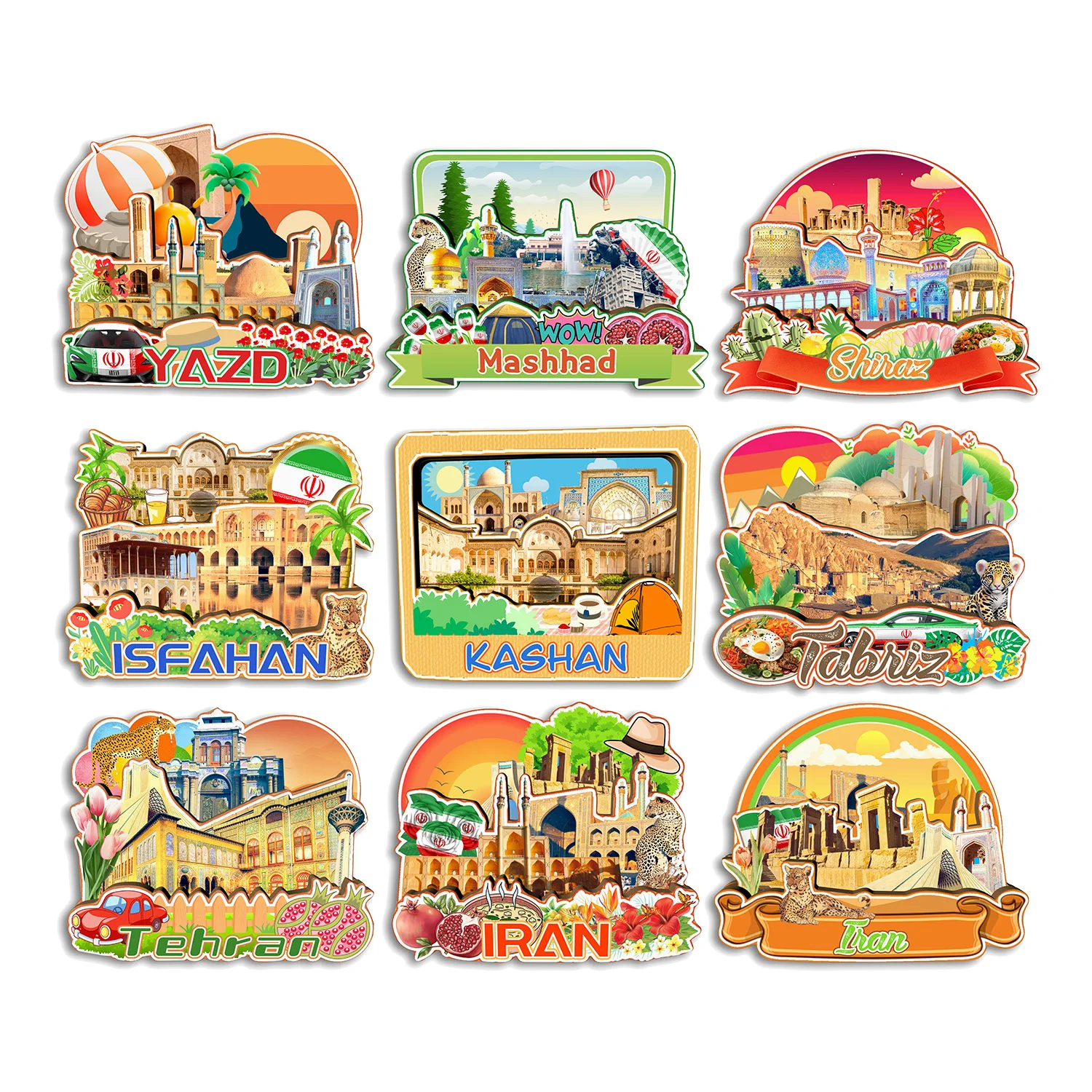 Teherán Tabriz Isfahan Shiraz Mashhad Yazd Kashan Irán imán de nevera regalo de recuerdo de viaje