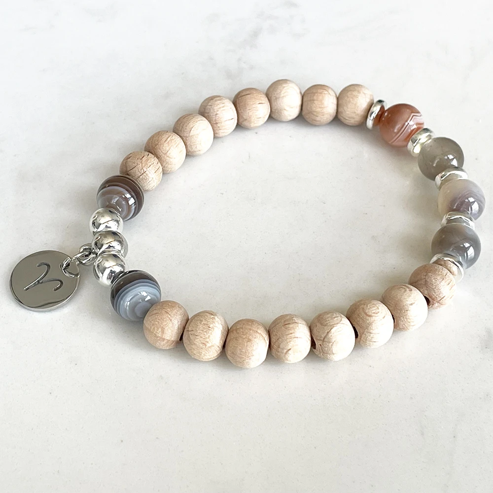 Ruberthen New Design Aries Zodiac Bracelet For Women 8 MM Woodbaeds Botswana Agate Chakra Wrist Mala Handmade Gemstone Jewelry