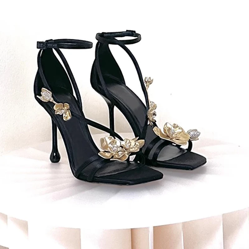 New Gold Orchid Square Toe High Heels Women Ankle Strap Sandals Women Party Dress Shoes Women Sexy sandalias de las mujeres