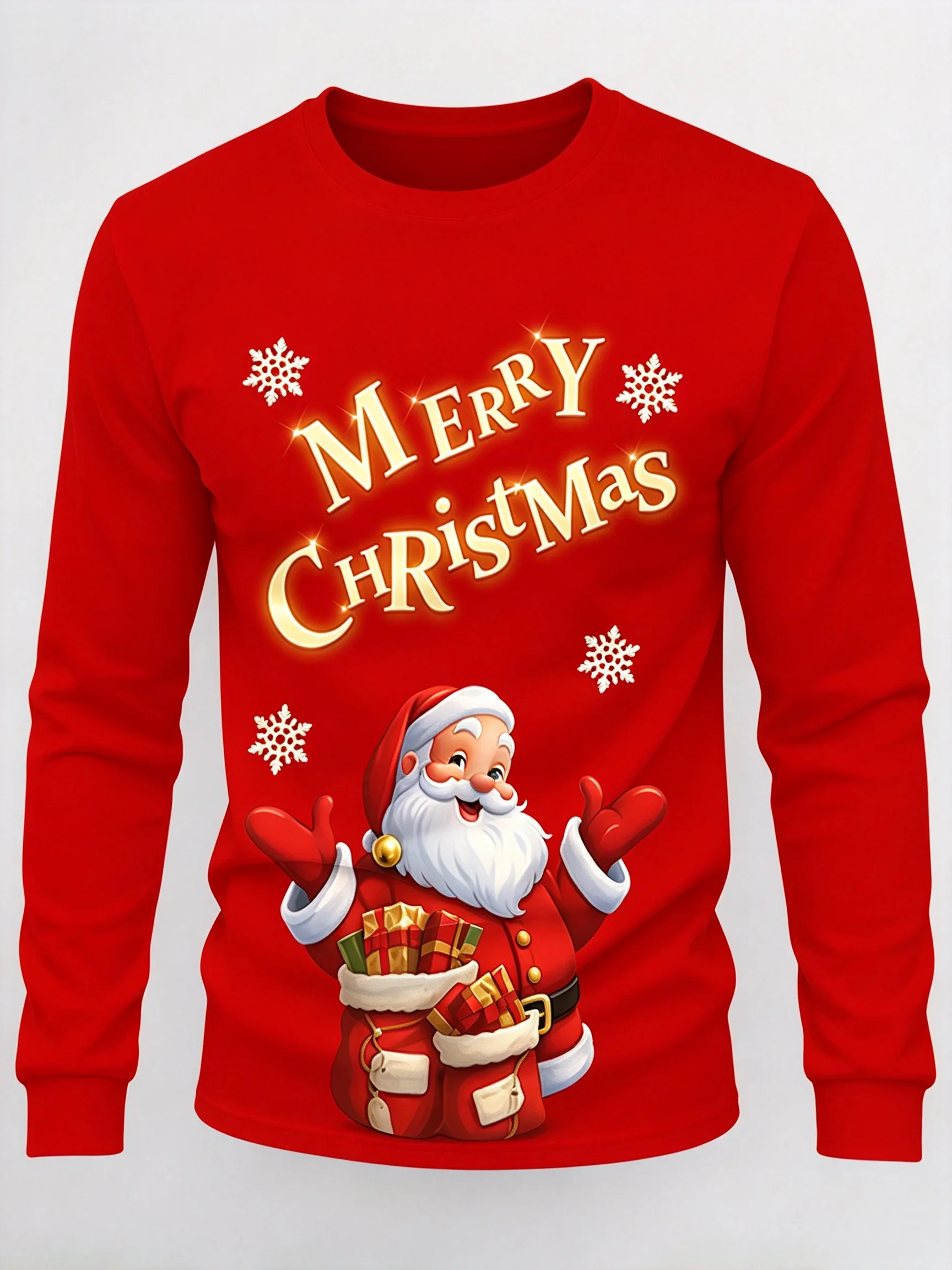 Merry Christmas Long Sleeve T-Shirt, Santa Claus Gift Graphic Tee, Festive Snowflake Holiday Casual Top for Men Women