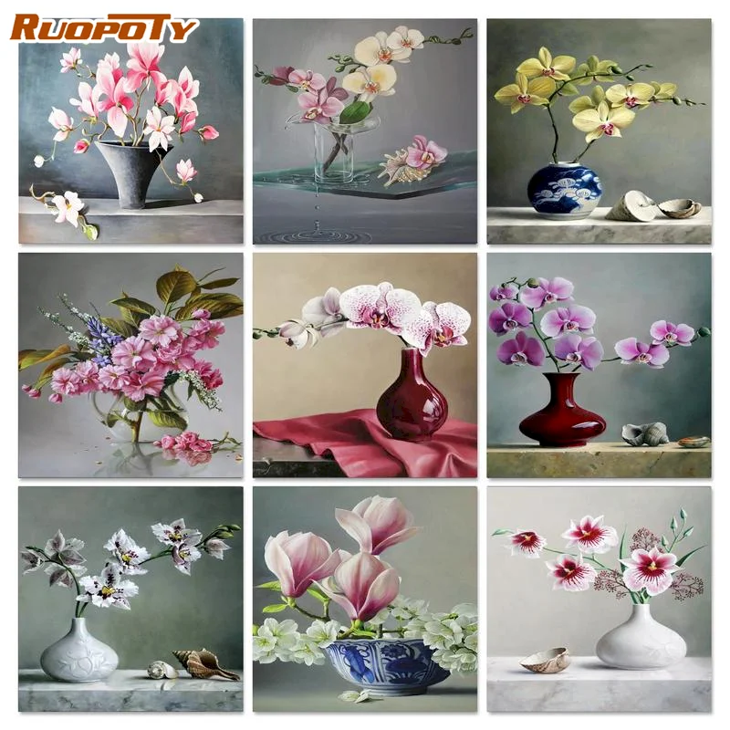 

RUOPOTY Flower Frame Paint By Numbers Oil Painting For Adults Hand Paind Kit Canvas Orchid Vase Living Room Wall Decorations