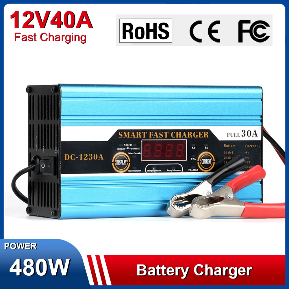 Battery Charger 12V 10A 20A 30A 40A Optional Car Lead-acid Battery Charger Smart Digital Display Fast Charging EU Plug Charger