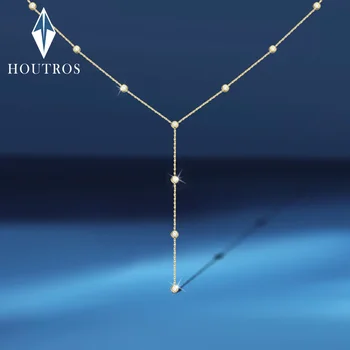 Houtros Long Tassels Moissanite Pendant Necklace 925 Sterling Silver Plated Gold 3MM Diamond Neck Chain for Women Fine Jewelry
