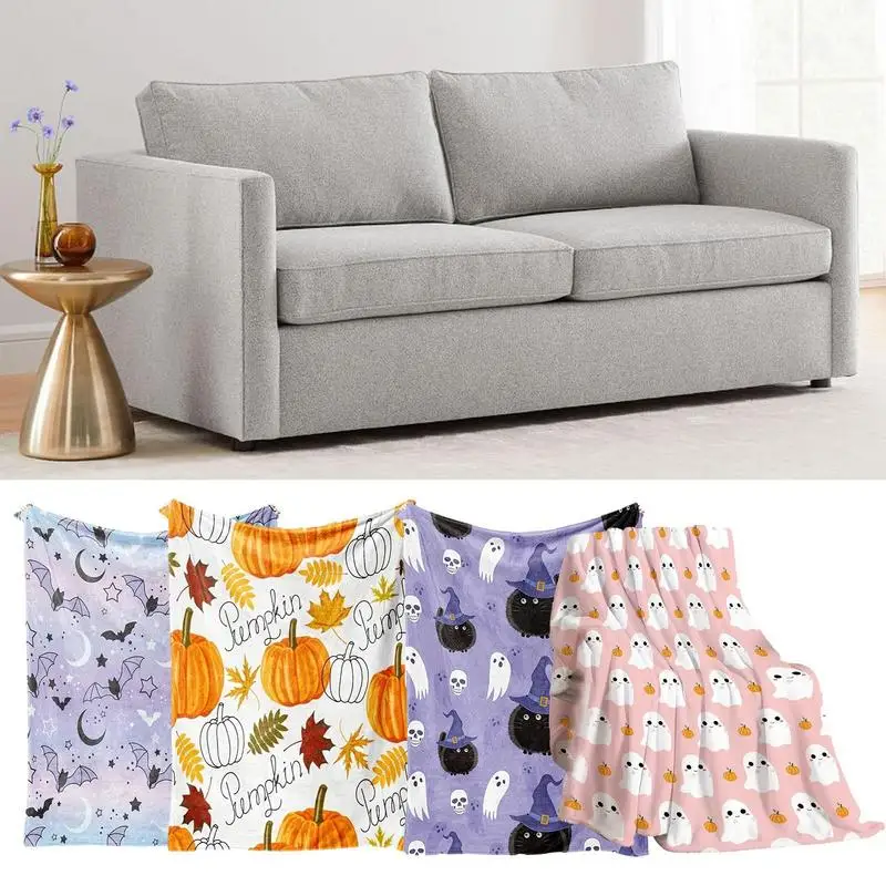 Halloween Throw Blankets Cute Ghost Bat Pumpkin Black Cat Throw Blanket Spooky Soft Flannel Blankets Decorations for Home Travel