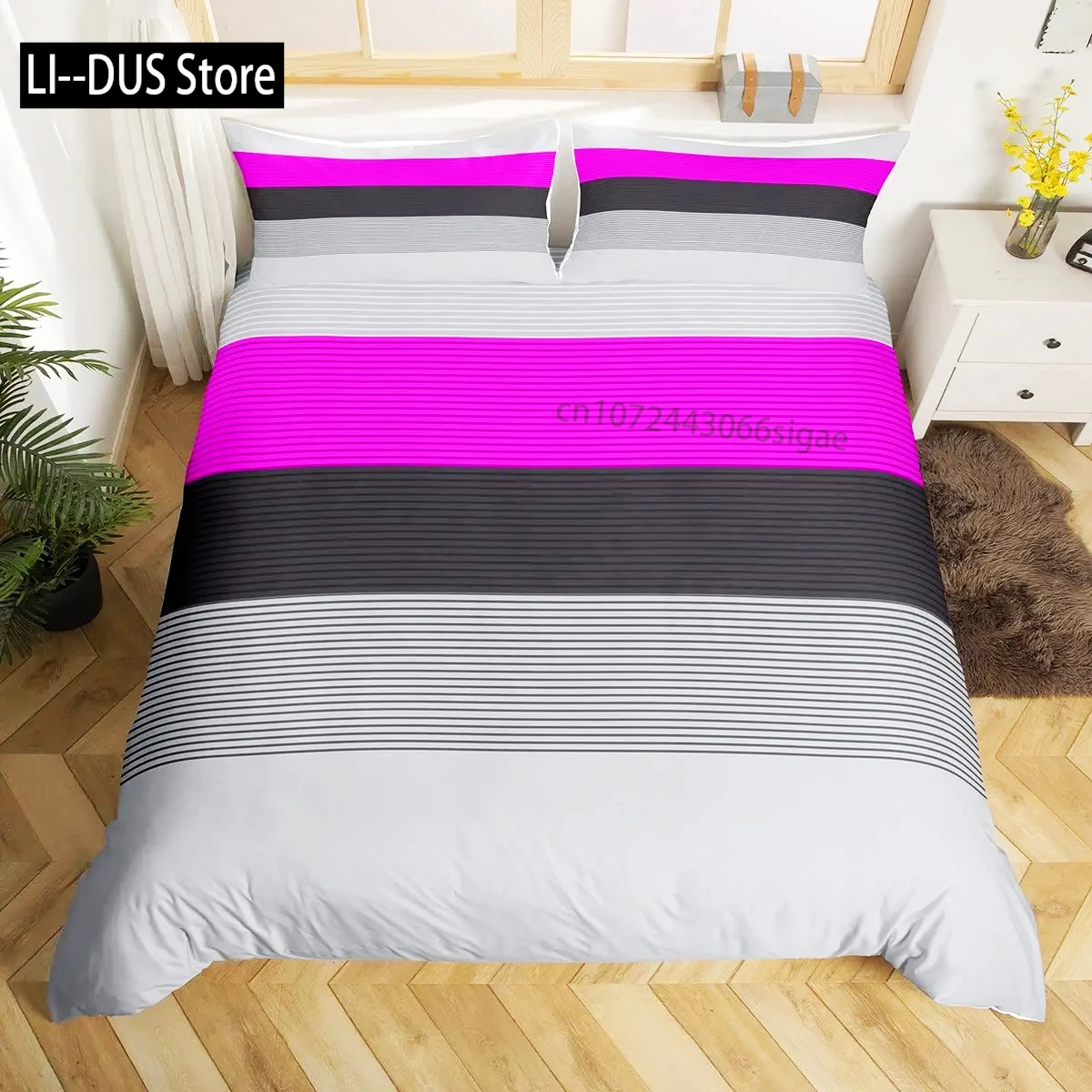 

Grey Black Stripes Duvet Cover,Gray And Purple Patchwork Striped Bedding Set For Girl Teen Ombre Geometric Lines Comforter Cover