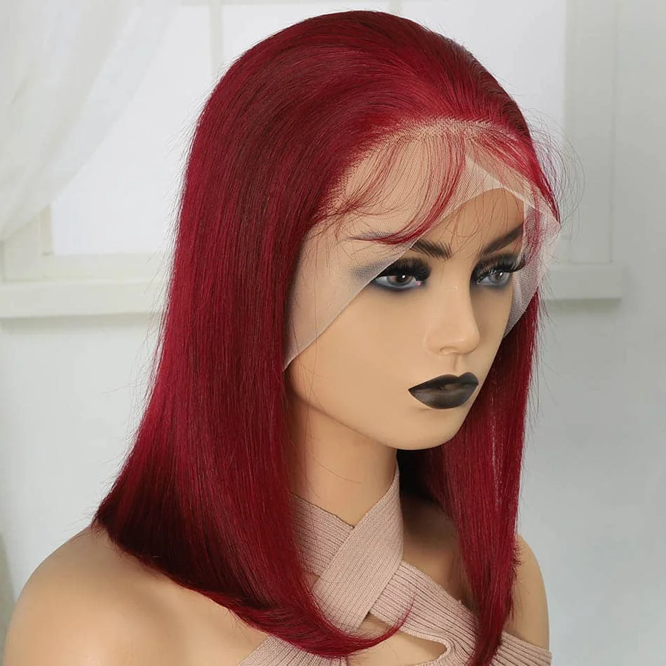 

Dark Purple Straight Short Bob Brazilian Colored Human Hair Wig High Quality Transparent 13x4 HD Lace Frontal Wigs Pre Plucked