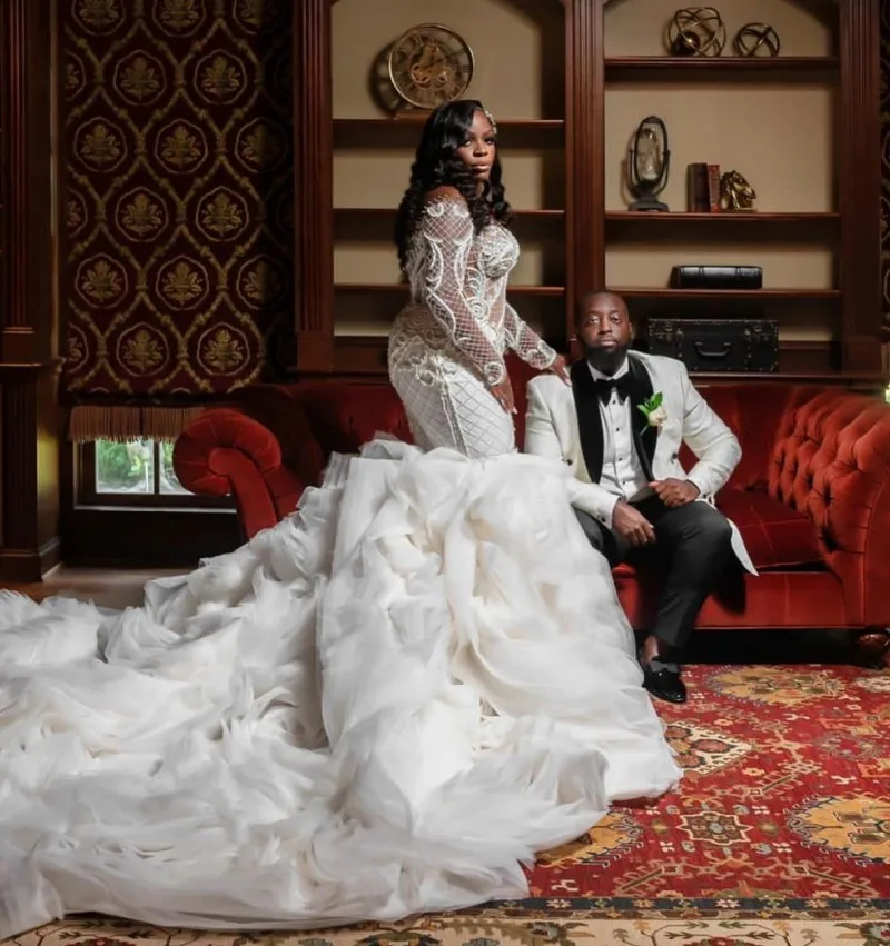 

Luxury Mermaid Wedding Dresses With Detachable Train Beading African Plus Size Bridal Gowns vestidos de novia Long Sleeves