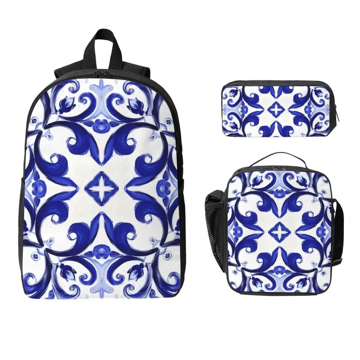

Summer,blue Tiles,mosaic,Sicilian Style Backpack Student Boys Girls BookBag School Bag 3ps Insulated Lunch Bag Pencil Case