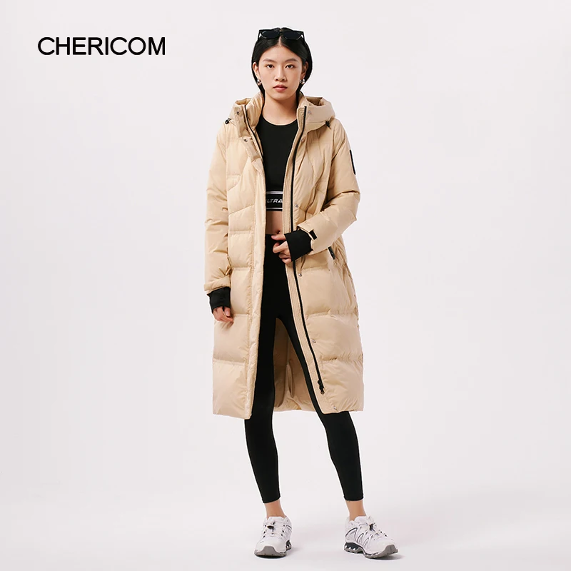 

Chericom Women's Hooded Mid-Length Down Jacket Magic Tape Windproof Cuffs Slanted Zip Patch Pockets Thickened Coat Y299083Y
