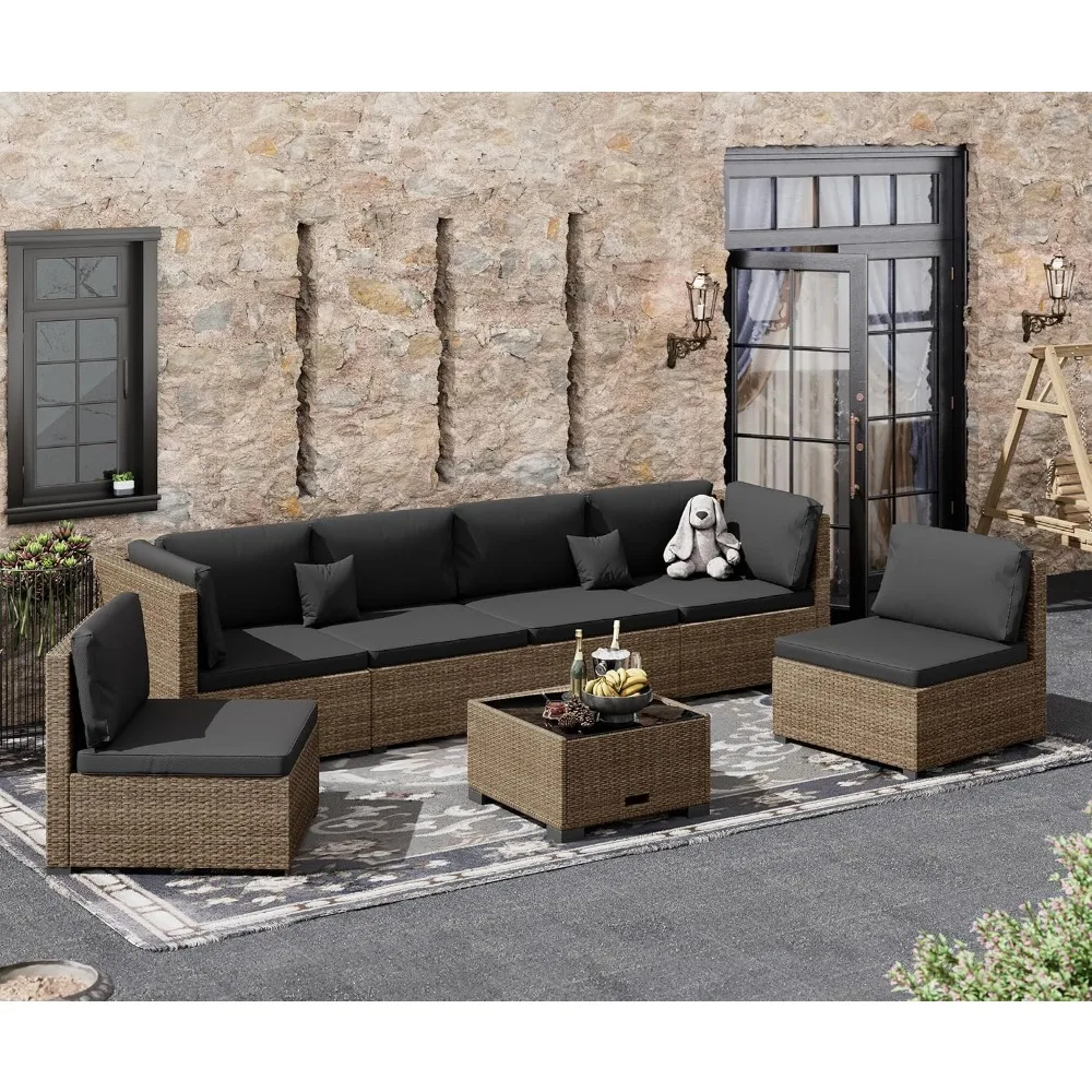 

7 Piece Patio Furniture Set, Outdoor Furniture Patio Sectional Sofa Set, All Weather PE Rattan Outdoor with Black Cushion