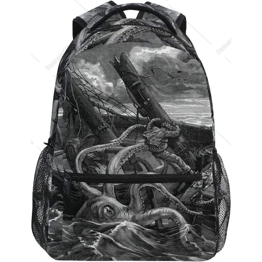 

Sea Kraken Black And White Boys Girls School Computer Backpacks Book Bag Travel Hiking Camping Daypack