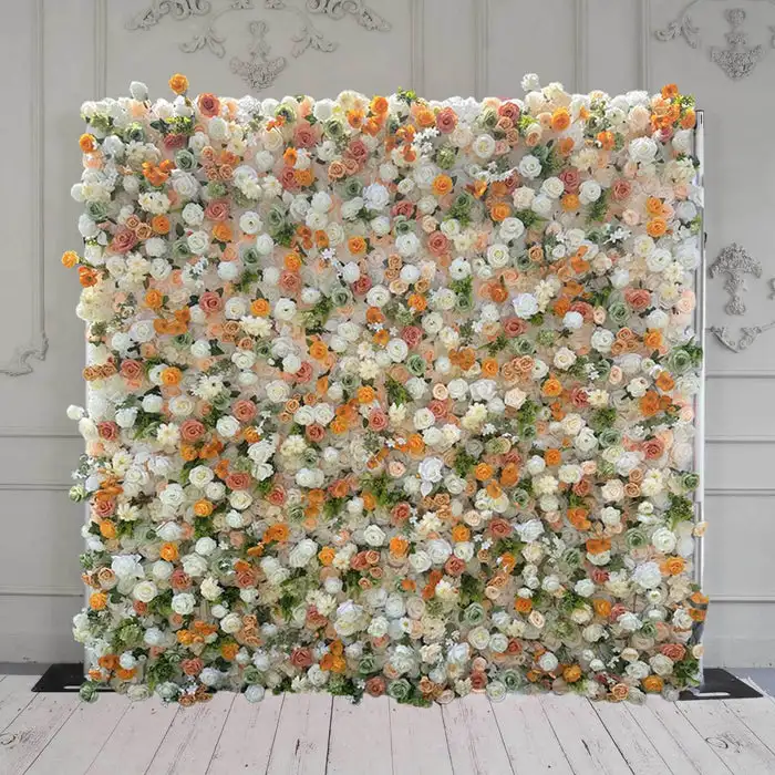 3D pink white rose yellow peony and green leaf artificial plant flower wall wedding background decoration birthday party layout