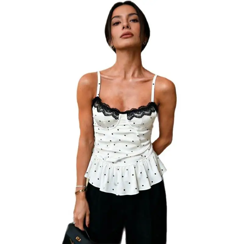 Women Top Slim Fit Camisole European American Polka Dot Square Collar Lace Patchwork New Retro Fashion Commuting Versatile image 5