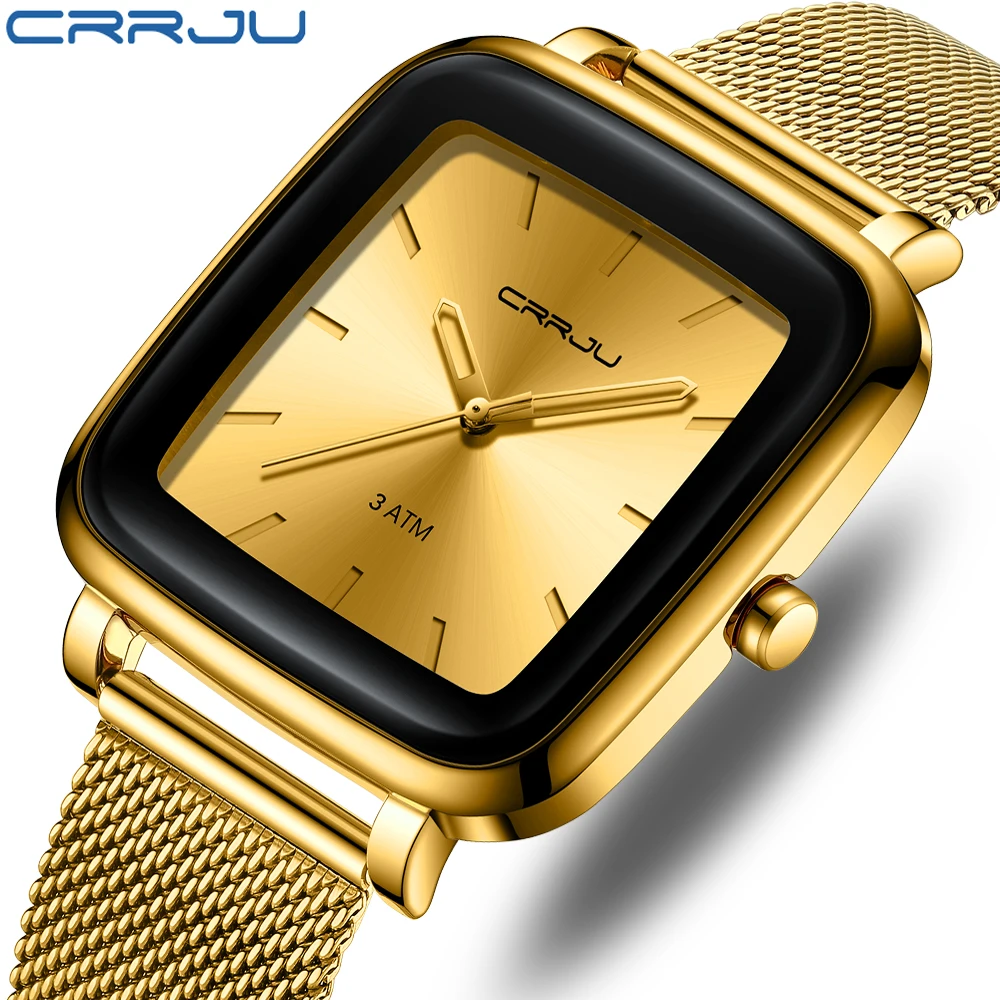 CRRJU Watch Men Top Brand Luxury Square Golden Casual Slim Mesh Steel Wrist Watch Relogio Masculino