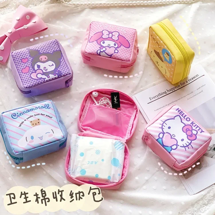 Kawaii Sanrio My Melody Cinnamonroll-Bolsa de almacenamiento de servilletas sanitarias para mujer, tampones de dibujos animados, Mini cosméticos,