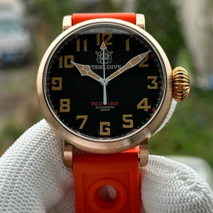 

Мужские автоматические часы STEELDIVE Pilot 46,5 мм, бронзовые механические наручные часы для дайвера, 20 АТМ, водонепроницаемые, C3, светящийся сапфир, NH35