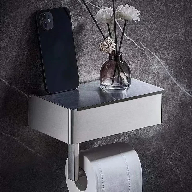 

Bathroom Paper Box Storage Holder Wipes Dispenser Black Phone Storage Shelf Wall Mounted Tissue Paper Rack Toilet Roll Holder