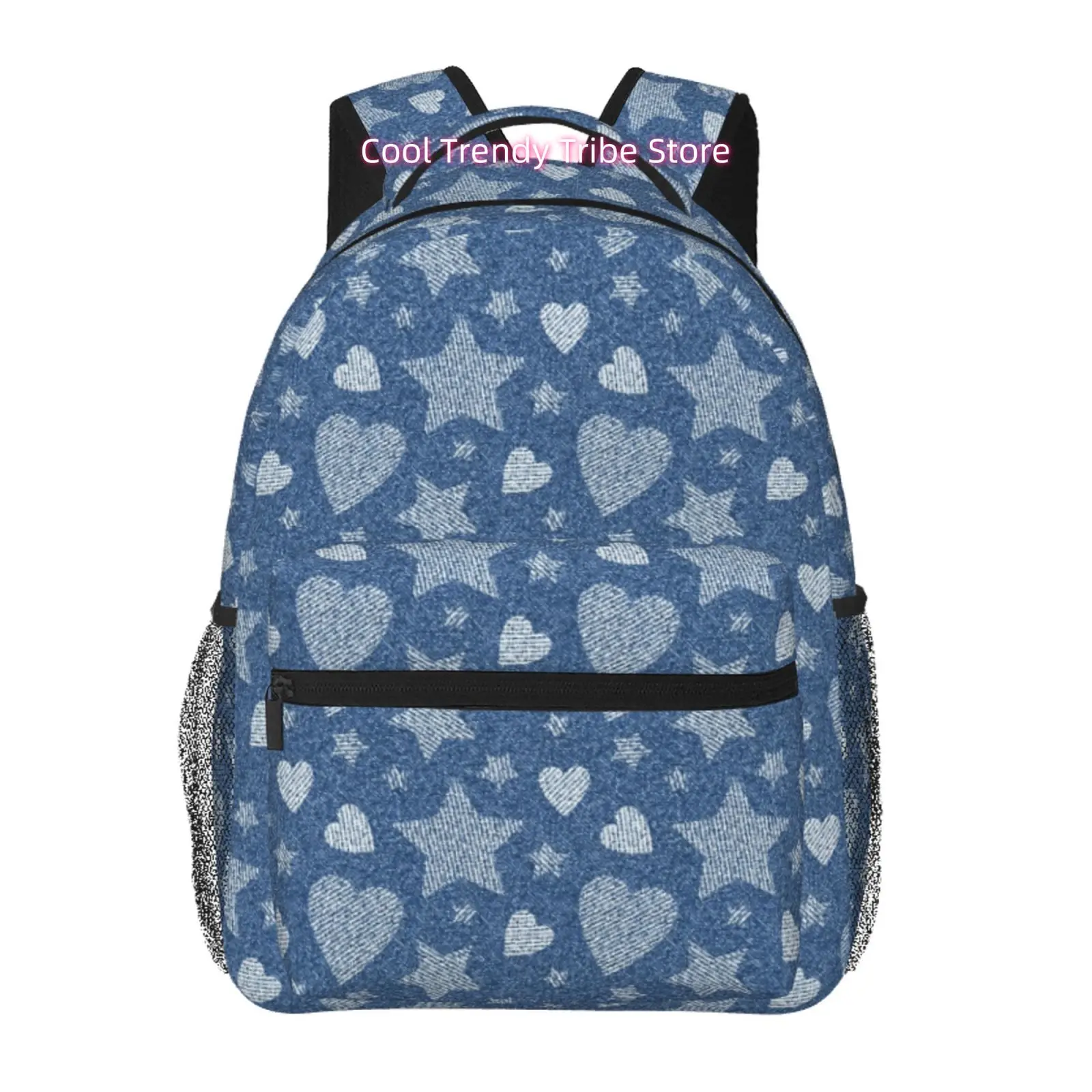 Faux Denim Style Stars And Hearts Print Backpack, Oxford Cloth Casual Daypack, Adjustable Straps, for Short Trips And Travel