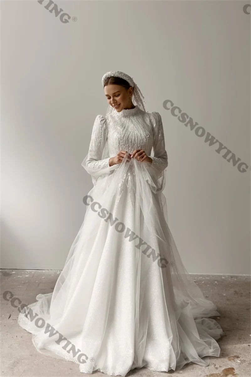 Robe de mariée musulmane à manches longues avec appliques en tulle, hijab à col haut, robe de luxe pour les patients arabes