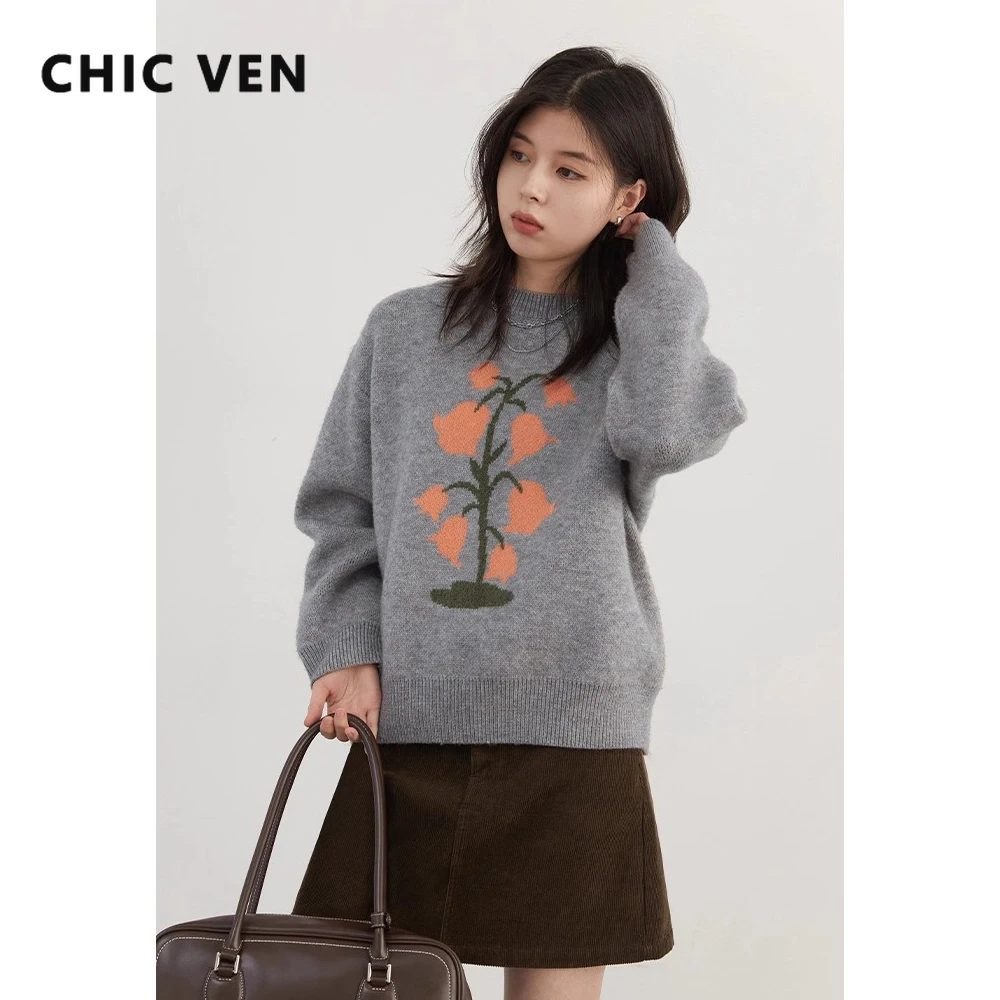 

Женские свитера CHIC VEN, корейские повседневные свободные кашемировые вязаные пуловеры с круглым вырезом и цветком, женские теплые джемперы, осень-зима, новинка 2025 г.