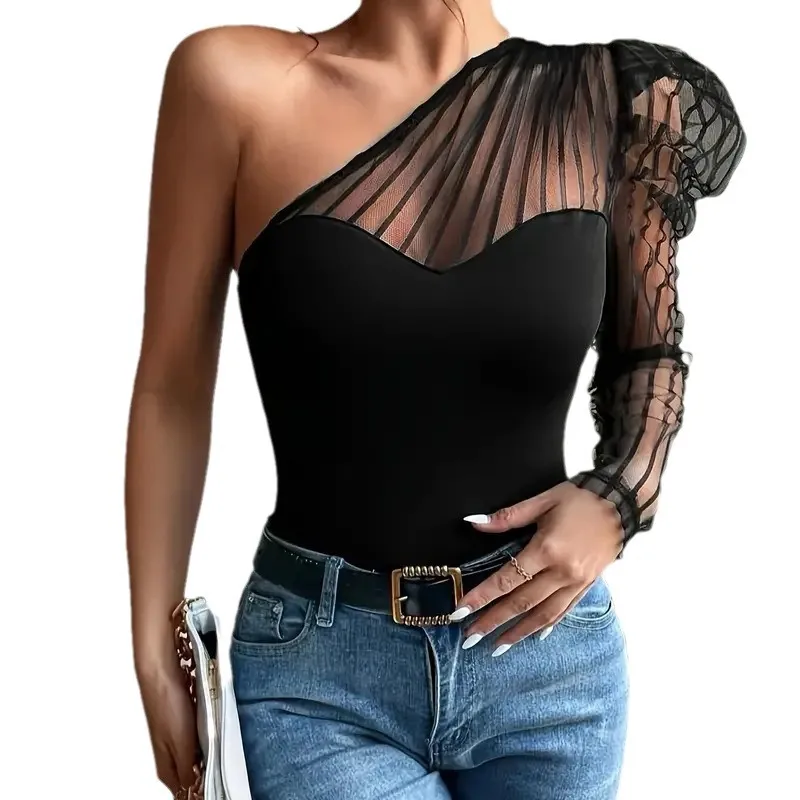 One Shoulder Contrast Mesh Gigot Sleeve Top Women's Sexy Tops Gigot Sleeve Contrast Mesh One Shoulder Shirts Summer Women's Tee