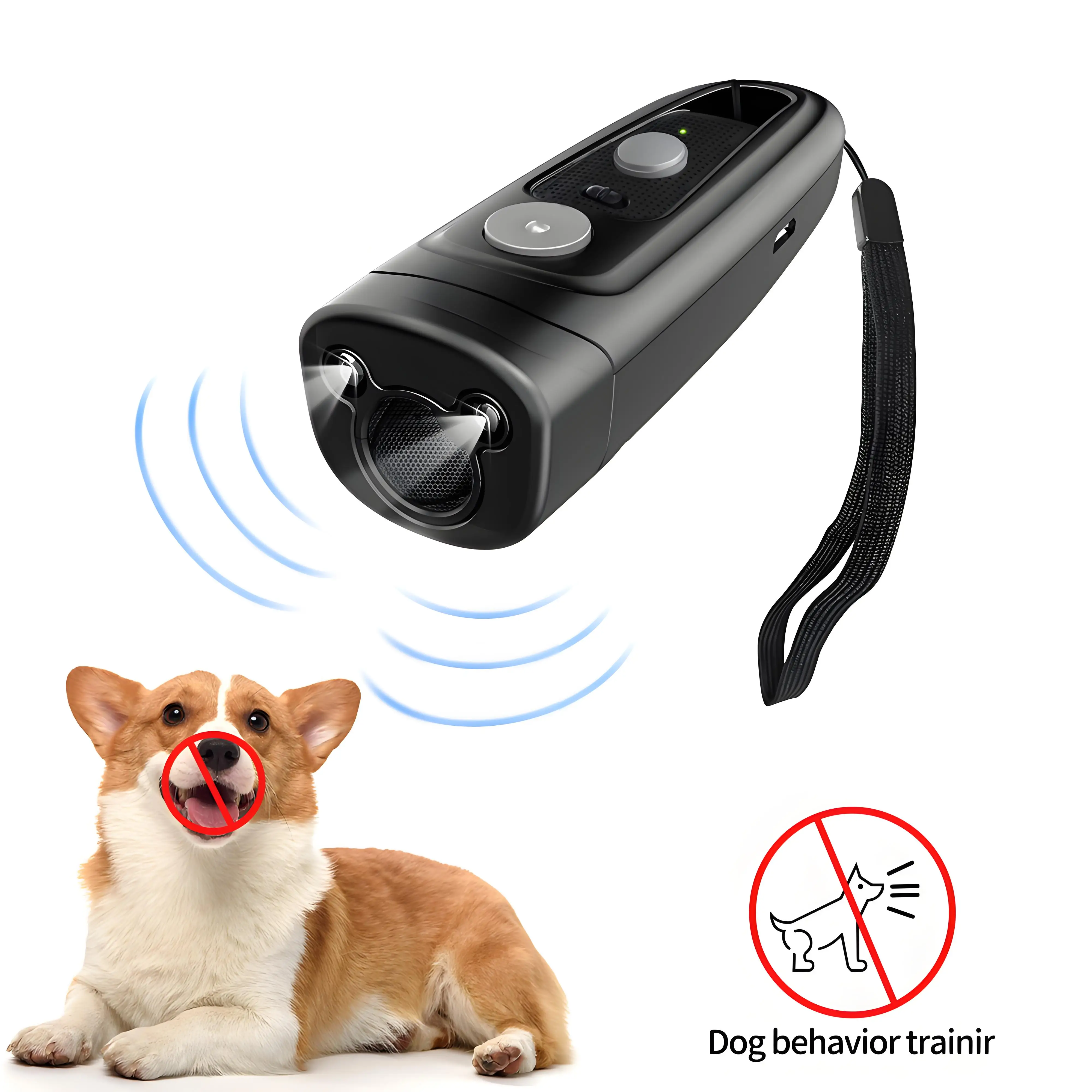 

Mini Ultrasonic Dog Behavior Trainer, Dual Ultrasonic Sensors, Rechargeable 25 ft Range, Orange, Black with LED Light